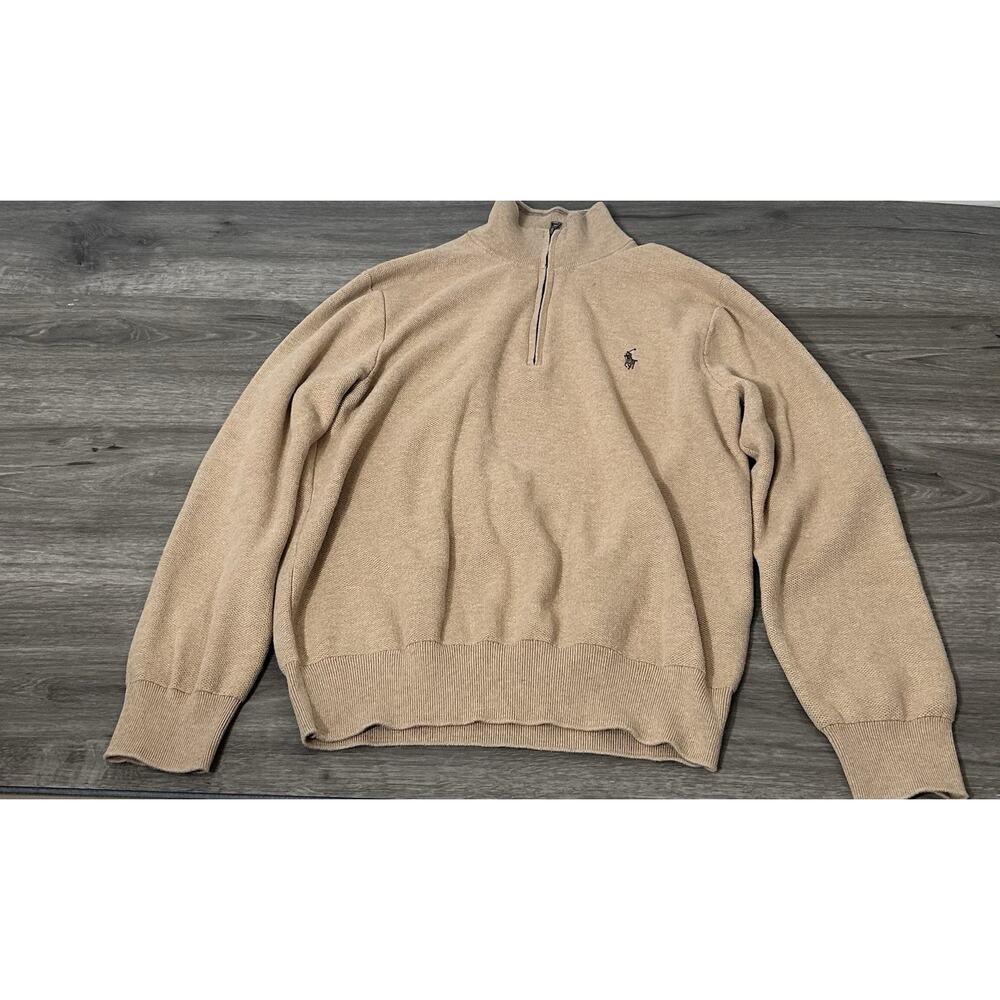 Polo Ralph Lauren 1/4 Zip Knit Pullover Sweater Beige Mock Neck Long Sleeve M